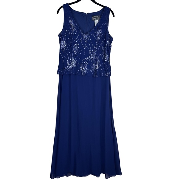 Alex Evenings Dress Womens Petite 10P Navy Sequin V Neck Chiffon Maxi Formal - Picture 1 of 14